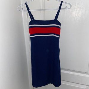 Short blue dress with red and white stripes